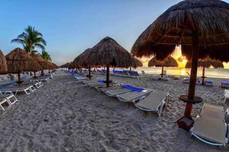Golden sunrise over rows of lounge chairs and palm tree parasols on a sandy Caribbean beach vacation at Riviera Maya in Cancun, Mexico.の写真素材