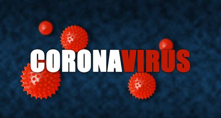 Inscription of COVID-19 coronavirus on blue background with virus symbols.の写真素材