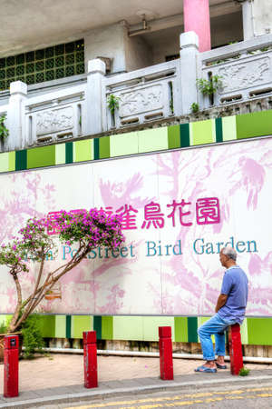 Hong Kong, Hong Kong SAR - July 10, 2017: Elderly man watches his caged warbler at the Yuen Po Street Bird Garden in Kowloon, Hong Kong. The public park is popular with songbird owners.のeditorial素材
