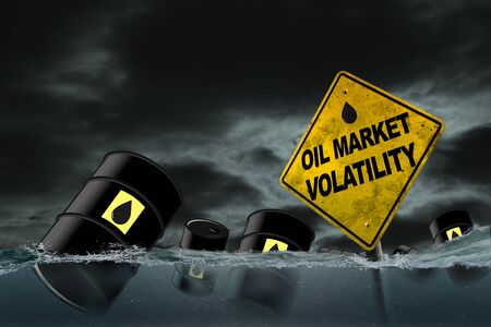 Oil market volatility concept of energy crisis, oil price fluctuations, risk from energy or oil company stock loss from commodity price uncertainty. Crude oil gallons floating in volatile manner on ocean with warning sign submerged against dark clouds and copy space.の写真素材