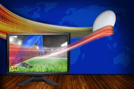 Rugby sports Live concept with TV monitor illustrating latest VR streaming technology and realistic HD ball in flight.の写真素材