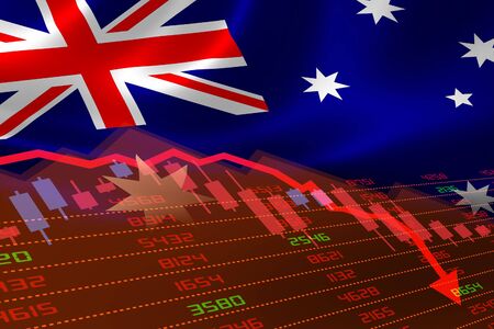 Australia economic downturn with stock exchange market showing stock chart down and in red negative territory. Business and financial money market crisis concept.の写真素材