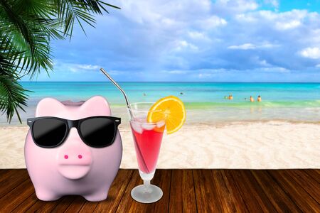 Saving for vacation tourism concept showing sandy beach with piggy bank in fashionable sunglasses with glass of cold orange cocktail juice and copy space.の写真素材