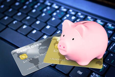 Pink piggy bank on top of fictitious credit cards on computer keyboard to illustrate credit crunch, financial borrowing, online shopping and savings concept.の写真素材