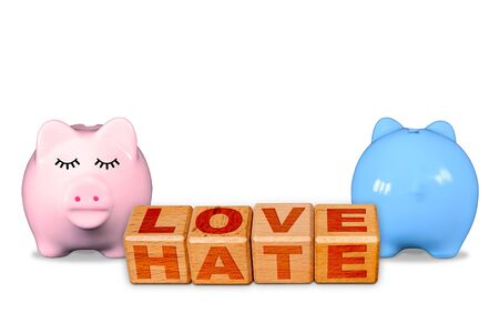 Love and Hate on the same blocks, concept of love hate relationship with opposite male and female piggy banks showing contrasting emotional display. Concept in marriage or dating relationships.の写真素材