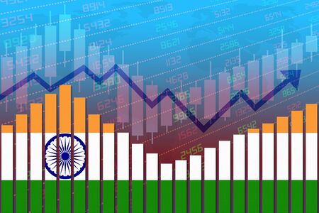 Flag of India on bar chart concept of economic recovery and business improving after crisis such as Covid-19 or other catastrophe as economy and businesses reopen again.の写真素材