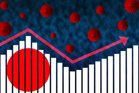 Flag of Japan on bar chart concept of COVID-19 coronavirus second wave infection cases following first wave illustrated by graph and virus symbols after easing of restrictions.の写真素材