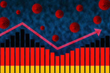 Flag of Germany on bar chart concept of COVID-19 coronavirus second wave infection cases following first wave illustrated by graph and virus symbols after easing of restrictions.の写真素材