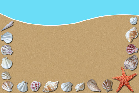 Sandy beach summer background with surrounding seashells and wavey border and copy space.