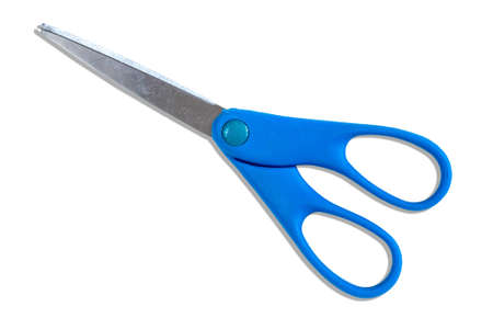 Pair of blue handle scissors isolated on white backgroundの写真素材