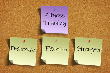3D rendering of Fitness Training goals or concepts of Endurance, Flexibility, Strength on color...