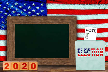 US elections concept with American flag hung behind wooden frame chalkboard for copy space, and ballot box with voter slip. Concept of presidential, senate and house of representatives elections in 2020.の写真素材