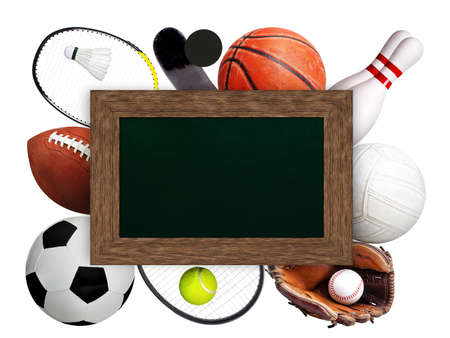 Framed chalkboard copy space on top of sports balls and equipment on white background. Sports theme.の写真素材