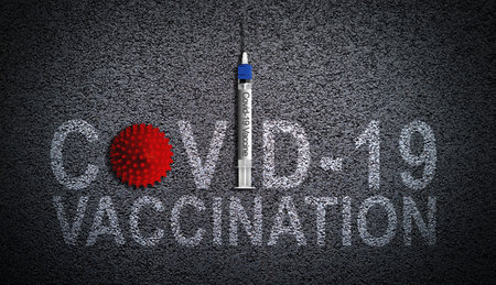 COVID-19 vaccination illustrated by virus and syringe needle vaccine on asphalt background. Putting a stop to coronavirus pandemic concept.の写真素材