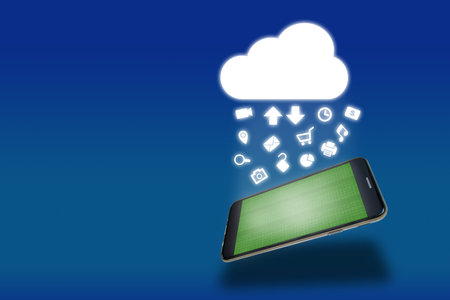 Modern smartphone concept of mobile online banking, shopping, digital marketing, networking. Uploading, downloading icons concept of cloud computing, online storage, cyber security and business technology with copy space.の写真素材