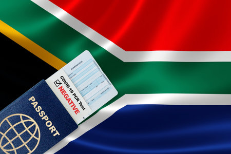 Travel passport, boarding pass and negative COVID-19 PCR test result for South Africa. Concept of new normal air or land border travel with proof of Coronavirus testing requirement in South Africaの写真素材
