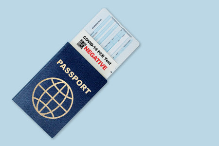 Travel passport, boarding pass and negative test result of COVID-19 PCR test. Concept of new normal future air or land border travel with proof of Coronavirus testing requirement.の写真素材