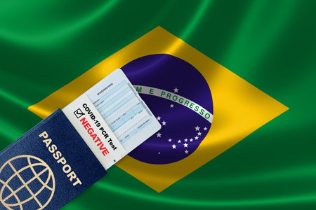 Travel passport, boarding pass and negative test result of COVID-19 PCR test for Brazil. Concept of new normal air or land border travel with proof of Coronavirus testing requirement in Brazil.の写真素材