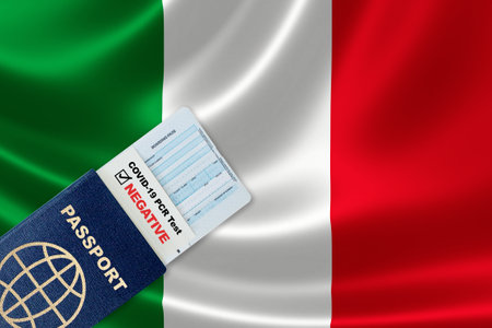 Travel passport, boarding pass and negative test result of COVID-19 PCR test for Italy. Concept of new normal air or land border travel with proof of Coronavirus testing requirement in Italyの写真素材