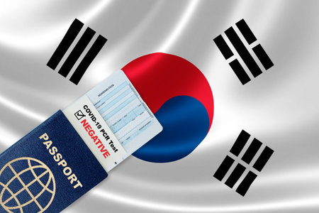 Travel passport, boarding pass and negative COVID-19 PCR test result for South Korea. Concept of new normal air or land border travel with proof of Coronavirus testing requirement in South Koreaの写真素材