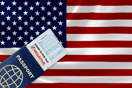 Travel passport, boarding pass and negative test result of COVID-19 PCR test for entry to US. Concept of new normal air or land border travel with proof of Coronavirus testing requirement in United Statesの写真素材