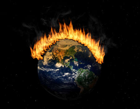 Planet earth in outer space engulfed in flames. Concept of climate crisis; natural disasters, global warming, apocalypse, war, judgment day.の写真素材