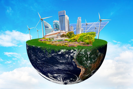 Planet earth with clean nature city relying on renewable resources. Concept of sustainable ecological future and alternative energy of an eco friendly planet. Elements of this image furnished by NASA imagery.の写真素材