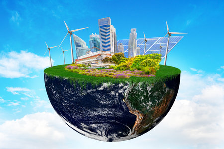 Planet earth with clean nature city relying on renewable resources. Concept of sustainable ecological future and alternative energy of an eco friendly planet. Elements of this image furnished by NASA imagery.の素材 [FY310178455418]