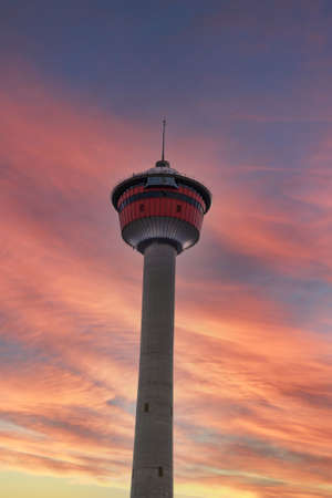 Golden sunset over the Calgary Tower in Alberta, one of Canada's most recognizable icons.のeditorial素材