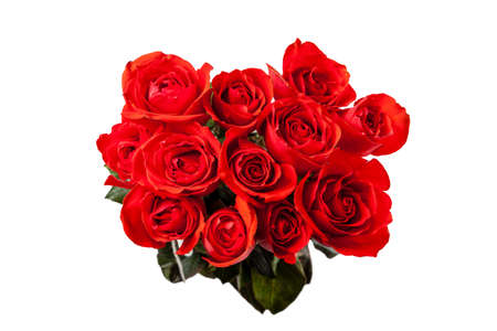 Top down view of a dozen red roses isolated on white background.の写真素材