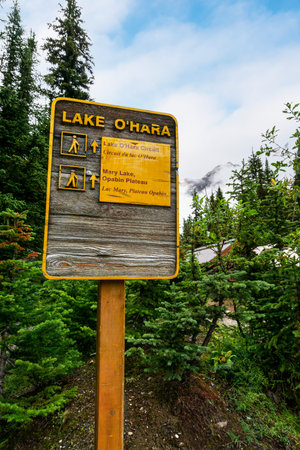 Hiking guideboard for trekking at Lake OâHara Area in Yoho National Park, Canadian Rockies, British Columbia, Canadaのeditorial素材