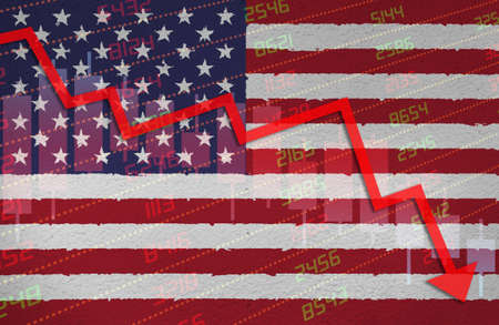 Economic crisis with stock market chart arrow down in red negative territory over US flag painted on wall. Business and financial money market downturn concept in the United States.の写真素材