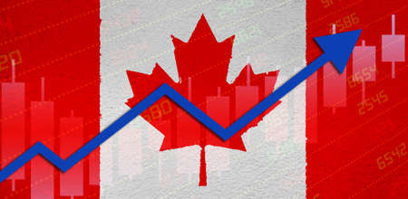 Economic recovery with stock market chart arrow up in positive territory over Canadian flag painted on wall. Business and financial money market upturn concept in Canada.の写真素材