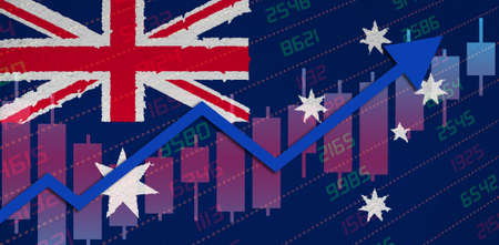 Economic recovery with stock market chart arrow up in positive territory over Australian flag painted on wall. Business and financial money market upturn concept in Australia.の写真素材