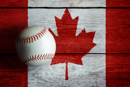 Leather baseball on rustic wooden background painted with Canadian flag with copy space. Canada is one of the top baseball nations in the world.の写真素材