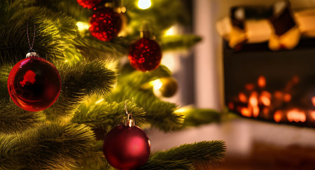 Christmas Tree with decorations and lights near cozy fireplace in the background with copy space.の写真素材