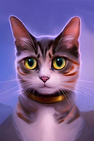 Portrait of white cat with brown stripes and cute big wide eyes and soft fluffy furs. Adorable, romantic and loving.の写真素材