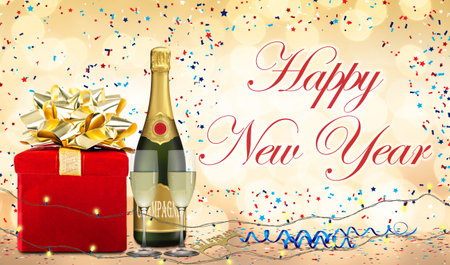 Holiday decorum and party celebration concept with Happy New Year message surrounded by confetti. Gift box, champagne, glasses and party streamers and string lights.の写真素材