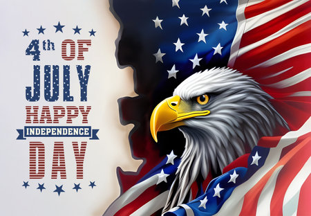 USA July 4th Independence Day celebration with American bald eagle, a national symbol, wrapped in US flag with bold colors.の写真素材