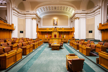 REGINA, SK, CANADA - JUNE 24, 2023: Chamber at the historic Saskatchewan Legislative Building in Regina, Saskatchewan, Canada. The capital building was constructed from 1908 to 1912.のeditorial素材