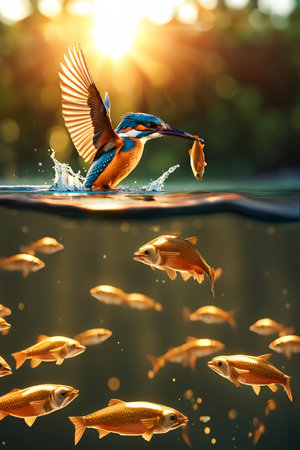 A beautiful Kingfisher on the water holding a fish in its beak while a school of fish swim under the river illuminated by the golden sunrise background.の素材