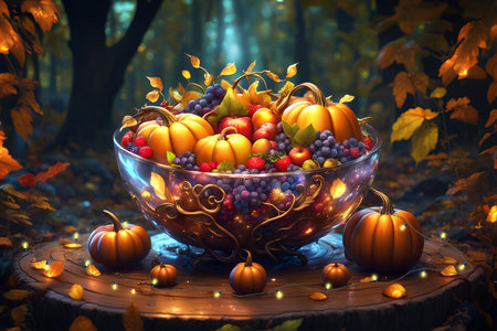 Cornucopia concept of abundance in harvest as illustrated by crystal bowl full of winter squash and fruits on top of a tree stump in forest nature setting highlighted by beautiful string lights.の素材
