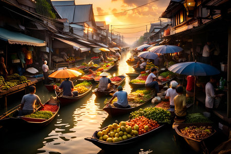 Floating market with fruits, vegetables and different items sold from small boats, in Damnoen Saduak, Thailandの素材