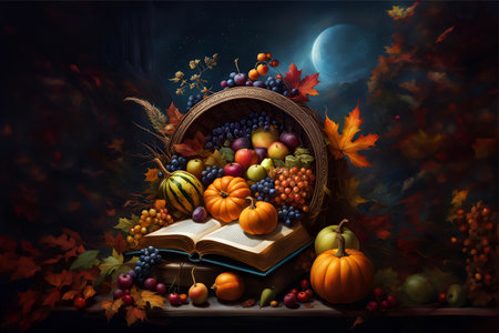 Cornucopia of Autumn harvest with opened book of thanksgiving against a mysterious moonlit night background in natureの素材