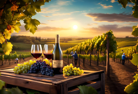 Bottle and glasess of wine with grapes in a vineyard with workers harvesting grapes in the background on a sunny morning.の素材