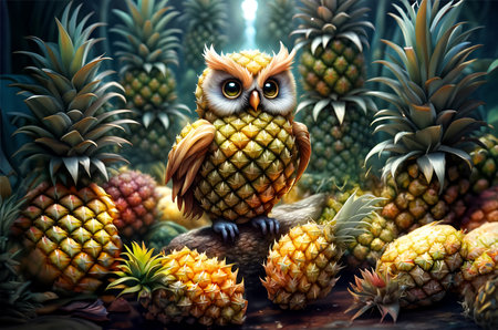 Cute owl made of pineapple among a forest of pineapples in a plantation.の素材