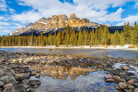 Late afternoon sun reflects off the majestic Castle Mountain in Banff National Park, Canada, with reflection on snow-melted puddle along the Bow River.の写真素材