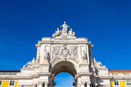 Historic Rua Augusta Arch at Praca do Comercio Plaza  Lisbon, Portugal, completed in 1873 to commemorate the city's reconstruction after the 1755 earthquake.の写真素材
