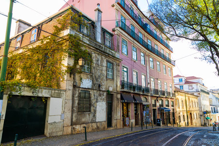 Old buildings and cobbled street on famous Rua Augusto Rosa in the Alfama neighborhood of Lisbon, Portugal. Alfama is one of Lisbonâs oldest areas are lined with shops selling traditional crafts and cafes.の写真素材