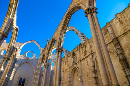 Historic roofless ruins of Carmo Convent, or the Convent of Our Lady of Mount Carmel, in Lisbon, Portugal. Built in 1389, The medieval convent was damaged in the 1755 Lisbon earthquake and never rebuilt.の写真素材